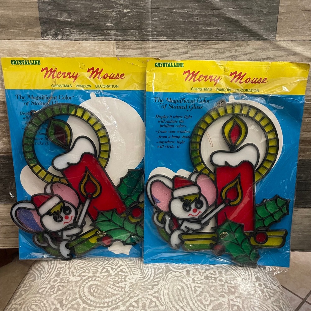 2 Vintage 1983 Crystalline Merry Mouse Christmas Window Decoration Stained Glass